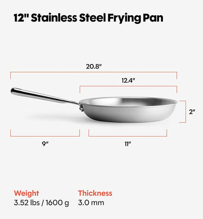 Misen 5-Ply Stainless Steel 12" Frying Pan - Professional Cookware for Induction, Gas and Electric - Dishwasher Safe, Oven Safe to 800°F - Durable, Versatile, Even Heating