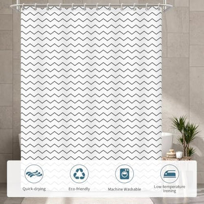 Modern Black and White Wavy Striped Shower Curtain, 72" W x 72" L