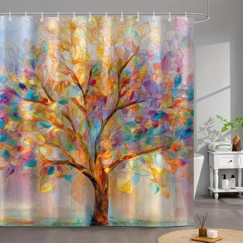 Moonslim Colorful Tree Shower Curtains, Stained Glass Trees Leaves Colored Seasons Fabric Shower Curtain Set Modern Aesthetic Bath Curtain for Bathroom Decor Waterproof Cloth with Hooks 72X78 Inch