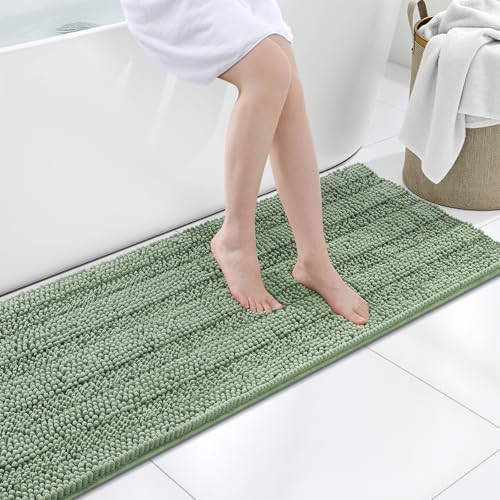 Grandaily Chenille Striped Bathroom Rugs 59x20, Extra Thick and Soft Absorbent Bath Mats, Rubber Backing, Plush Shaggy Shower Carpet, Machine Wash Dry, Bath Rug for Bathroom, Grayish Green