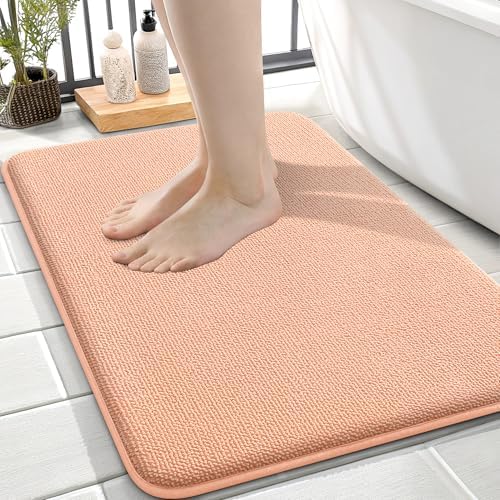 OLANLY Memory Foam Small Bathroom Rugs 24x16, Absorbent Bath Mat, Peach