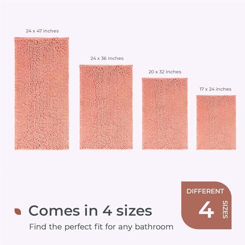 FRESHMINT Chenille Bathroom Rugs Mat 32”x20”, Non-Slip Bath Mat for Bathroom Floor & Bathtub, Washable Soft Shower Shag Bath Rugs, Durable Fluffy Thick Water Absorbent Microfiber Shower Mat, Coral