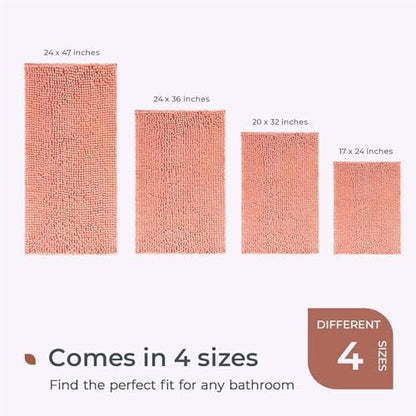 FRESHMINT Chenille Bathroom Rugs Mat 32”x20”, Non-Slip Bath Mat for Bathroom Floor & Bathtub, Washable Soft Shower Shag Bath Rugs, Durable Fluffy Thick Water Absorbent Microfiber Shower Mat, Coral