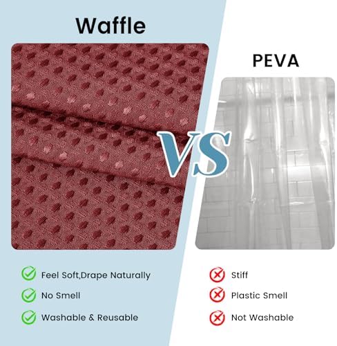 No Hook Waffle Shower Curtain with Snap in Liner Set, 71x74, Burgundy