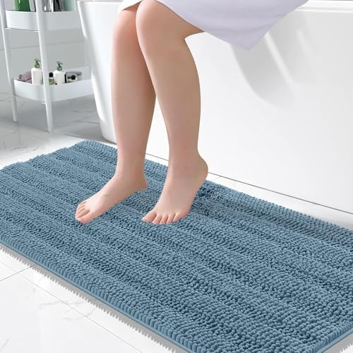 OLANLY Thick Large Bathroom Rugs 50x30, Soft Chenille Bath Rugs, Airy Blue