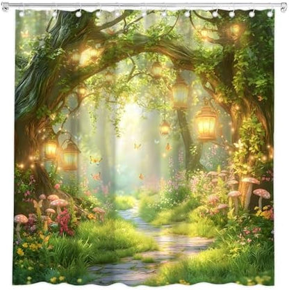 Fantasy Forest Path Shower Curtain Fairy Magical Enchanted Misty Jungle Mushroom Floral Tree Butterfly Lantern Spring Wonderland Bath Curtain Fabric Bathroom Accessories Decor with Hooks 75W x70L