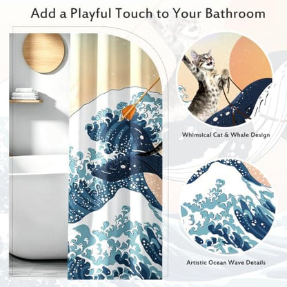 Aimego Extra Long Shower Curtain - Funny Cute Cat Riding Whale Holding Trident in Ocean Wave, Shark Cat Fabric Cloth Fun Shower Curtain Set with 12 Hooks for Bathroom Decor Bathtub Curtain, 72"x84"