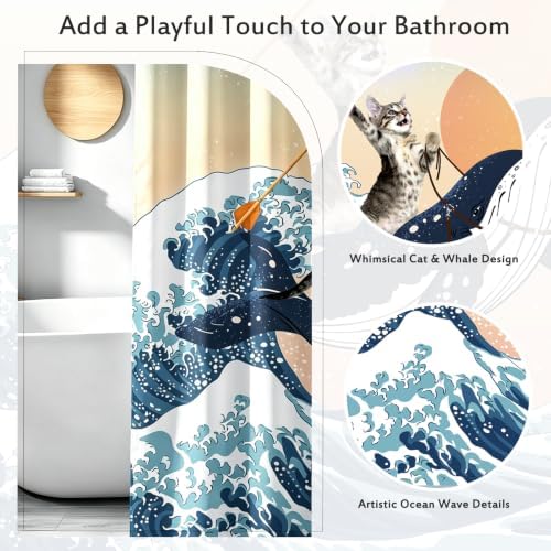Aimego Funny Shower Curtain Brave Cat Holding Trident Riding Whale in Ocean Wave, Shark Cat Shower Curtain Set with 12 Hooks for Bathroom Decor Accessories Bathtub Curtain, 72"x72"