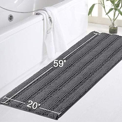 Turquoize Bathroom Runner Area Chenille Rug Oversize Non-Slip Shag Kitchen Shower Bath Mat Extra Long Grey Striped Washable for Bathroom, Gray, Size 59" x 20"