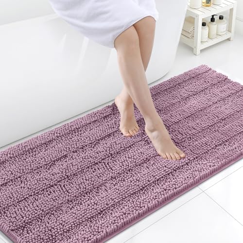 Grandaily Chenille Striped Bathroom Rugs 70x24, Extra Thick and Soft Absorbent Bath Mats, Rubber Backing, Plush Shaggy Shower Carpet, Machine Wash Dry, Bath Rug for Bathroom, Deep Plum