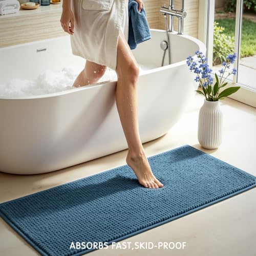 SUBRTEX Bathroom Rugs, 24" x 36" Chenille Bath Rug Soft Short Plush Bath Mat Soft Shower Mat Water Absorbent Shower Mat Quick Dry Machine Washable, Stone Blue
