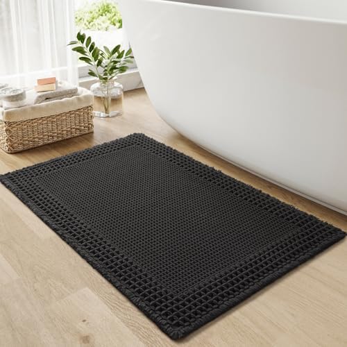 RESARE Waffle Bath Mat for Bathroom, Non Slip Bathroom Rugs 17"x24" Black
