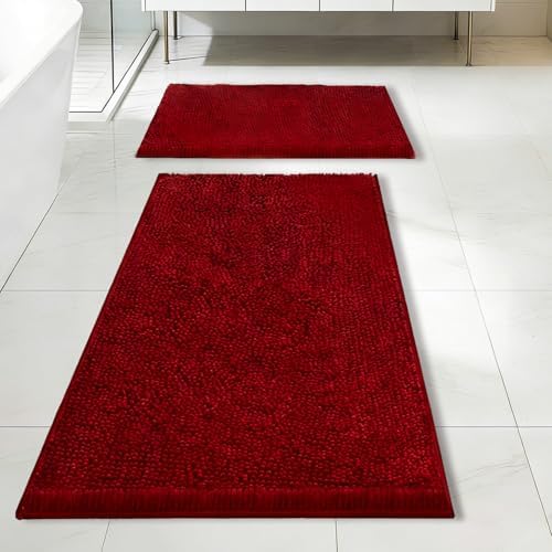 Bathroom Rugs Sets 2 Piece,Super Absorbent Soft,Thick,Machine Washable Chenille Bath Mat,Non Slip Toilet Floor Rug,Bath Mats for Bathroom,16x24 Plus 20x32 Shape,Burgundy