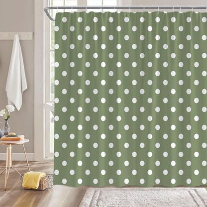 Polka Dot Shower Curtain Sage Green White Retro Spot Vintage Fabric Decorative Bathroom Curtains with Hooks,70" Wx84 H