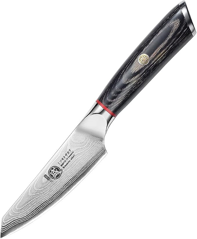 MITSUMOTO SAKARI Paring Chef Knife 4 inch - 67-Layer AUS-10 Damascus Steel, Hand Forged Japanese Fruit Knives, PakkaWood Handle & Sandalwood Box