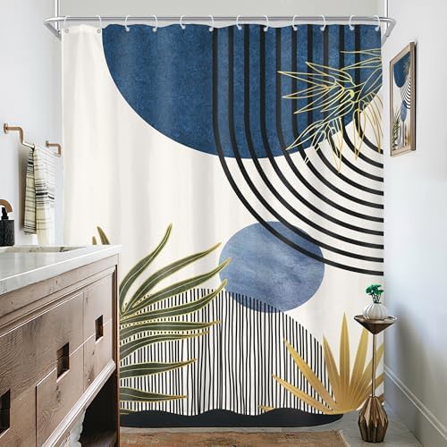 Mid Century Blue Green Boho Abstract Modern Bathroom Shower Curtain Set