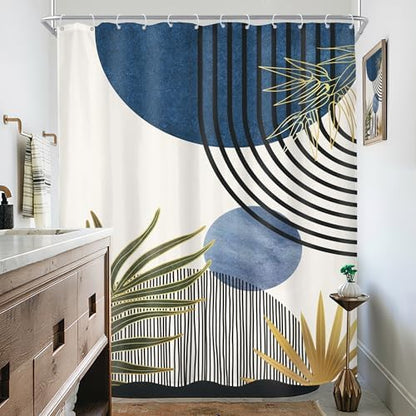 Mid Century Blue Green Boho Abstract Modern Bathroom Shower Curtain Set