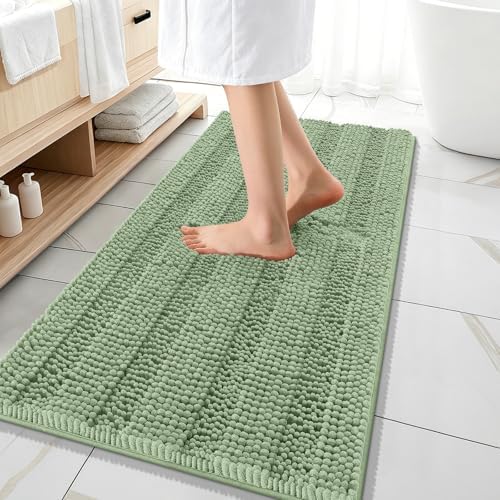 OLANLY Thick Bathroom Runner Rugs 47x20, Chenille Bath Rugs, Sage Green