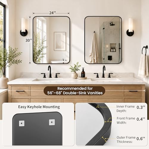 2-Pack 24x30 Inch Matte Black Rounded Rectangle Vanity Mirrors