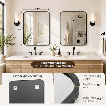 2-Pack 24x30 Inch Matte Black Rounded Rectangle Vanity Mirrors
