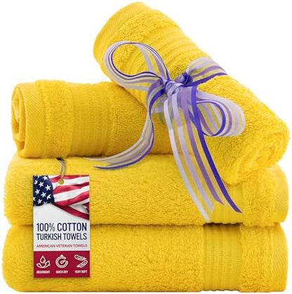 American Veteran Towel, 100% Cotton Turkish Washcloths for Bathroom Essentials 4 Pack, Soft Absorbent Wash Cloths Quick Drying Small Towels Washrags, Yellow