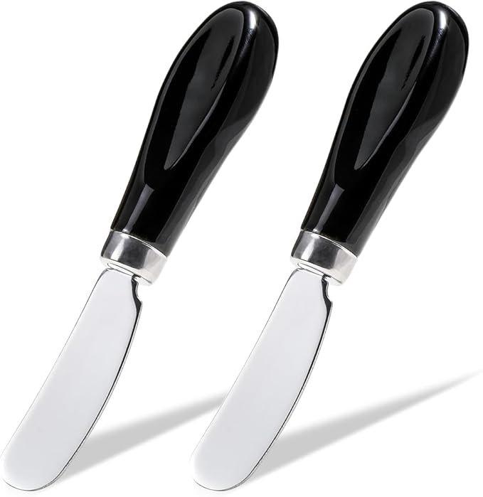 AISBUGUR 2 Pack Stainless Steel Butter Spreader Knife, Butter Knife with White Porcelain Handle, Cheese Butter Spreader Knives for Kitchen, Black