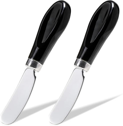 AISBUGUR 2 Pack Stainless Steel Butter Spreader Knife, Butter Knife with White Porcelain Handle, Cheese Butter Spreader Knives for Kitchen, Black
