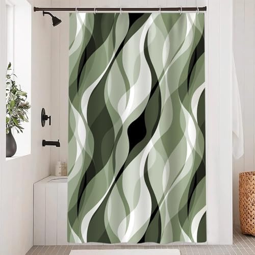 Sage Green Striped Stall Shower Curtain with Hooks, 48x72 Inch