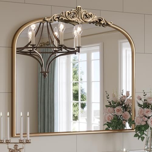 Antique Gold Mirror, 36"x30" Ornate Wide Arched Mirror