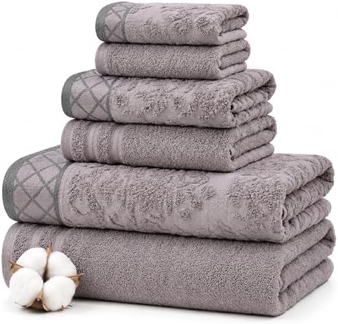 Modern Threads 6 Piece Bath Towel Set – Bathroom Towel Set with 2 Bath Towels, 2 Hand Towels & 2 Washcloths – 100% Cotton, Soft & Absorbent – Diamond Border (Silver Cloud)