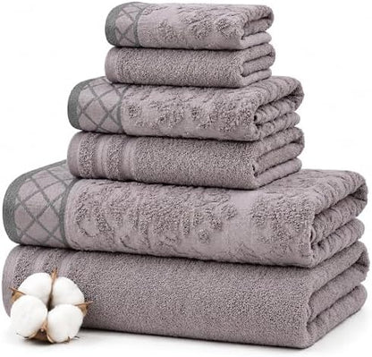Modern Threads 6 Piece Bath Towel Set – Bathroom Towel Set with 2 Bath Towels, 2 Hand Towels & 2 Washcloths – 100% Cotton, Soft & Absorbent – Diamond Border (Silver Cloud)
