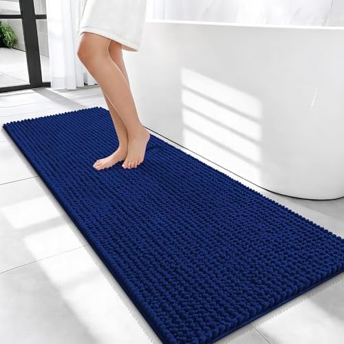 OLANLY Thick Chenille Bathroom Runner Rugs 47x20, Absorbent Bath Mat, Navy