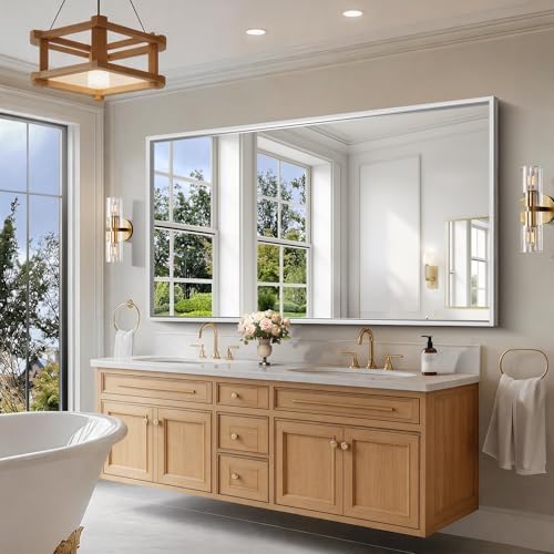 CIRCUMI 72"x40" Brushed Silver Bathroom Mirror, Double Sink Vanity Mirror
