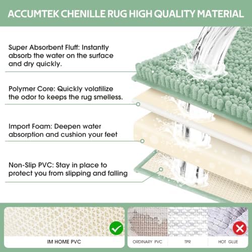 ACCUMTEK Upgrade Luxury 2 Piece Sage Green Toilet Bathroom Rug Mat 32"x20"+24"x17", Ultra Soft Thick Absorbent Bath Mats, Non Slip Chenille Toilet Mat for Bathroom, Bedroom, Kitchen, Shower, Tub