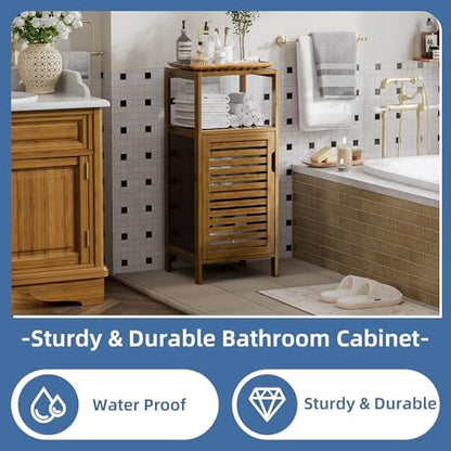 HITNET Bathroom Cabinet, Bamboo Floor Cabinet Free Standing, 4 Tier Sofa Side Storage Cupboard for Living Room Kitchen Entryway, Walnut