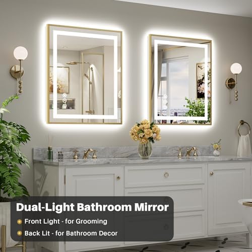 36x30 Inch LED Bathroom Mirror with Gold Frame, Backlit & Front Lit