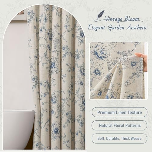Farmhouse Floral Vintage Shower Curtain for Bathroom, Dark Blue and Tan