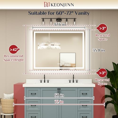 Keonjinn 48x36 Inch LED Bathroom Mirror with Lights, Frontlit & Backlit