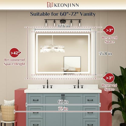 Keonjinn 48x36 Inch LED Bathroom Mirror with Lights, Frontlit & Backlit