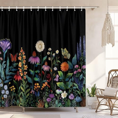 Boho Dark Floral Shower Curtain, Bright Colorful Rustic Wildflower Shower Curtain for Bathroom, Black Gothic Flowers Farmhouse Botanical Shower Curtains Machine Washable with 12 Hooks 72"X72" Inch