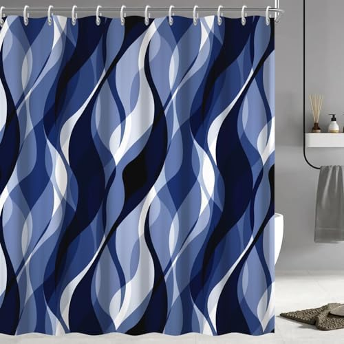 Navy Blue Striped Shower Curtain with Hooks for Bathroom 72x78 Inch