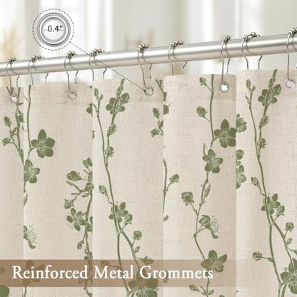 Sage Green Farmhouse Linen Shower Curtain, Boho Floral Fabric, 72 x 84