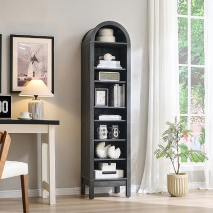 IFBUY 71" Tall Arched Bathroom Storage Cabinet, 8-Tier Modern Farmhouse Storage Cabinet with Adjustable Shelves, Wood Freestanding Cabinet for Bathroom, Living Room, Entryway, Hallway (Dark Grey)