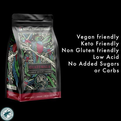 Bones Coffee Company Guatemala Single-Origin, Milk Chocolate, Citrus and Caramel Notes, Whole Coffee Beans, Low Acid Medium Roast Arabica Beans Flavored Coffee, 12 oz Whole Bean