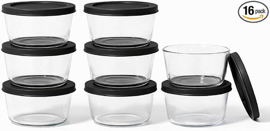 16-Piece Glass Food Storage Containers Set (8 Containers + 8 BPA-Free Lids) | 1-Cup, Leakproof | Microwave, Freezer, Oven & Dishwasher Safe | Ideal for Meal Prep & Pantry Organization, Black