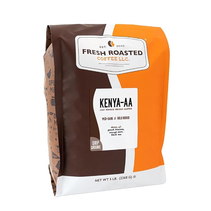 Fresh Roasted Coffee, Kenya AA, 5 lb (80 oz), Med-Dark Roast, Kosher, Ground