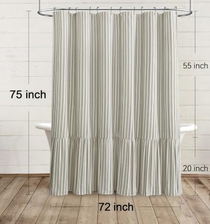 Farmhouse Shower Curtain Ruffle Linen Cream-Green Stripe 72"W x 75"L