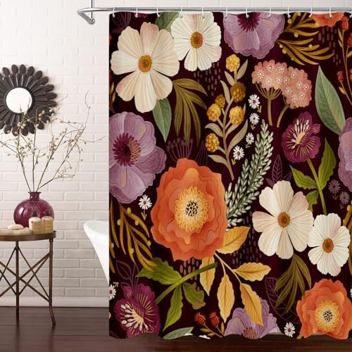 Boho Floral Shower Curtain, Purple Botanical Fabric Curtain, 72 x 84