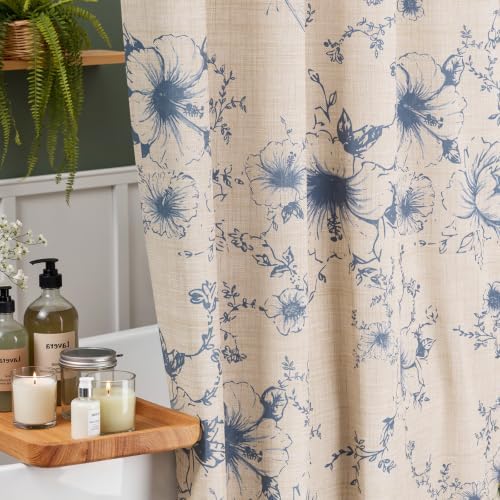 Vintage Blue Floral Shower Curtain with 12 Clear Rings - 72" W x 72" L