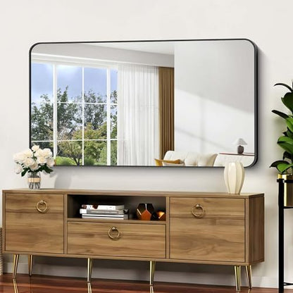 Bathroom Mirror, 30"x55" Black Rectangle Wall Mirror, Metal Frame Rounded Corner Vanity Mirror, Large Wall Mounted Mirror for Modern Bedroom Living Room Horizontal Or Vertical Mounting